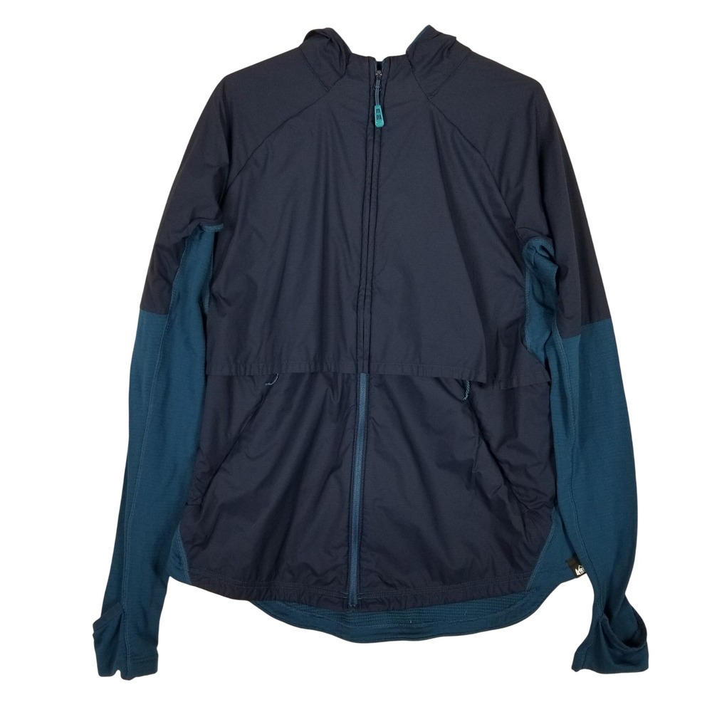 REI Co-op Hybrid Jacket Women Large Navy Blue Polartec Hooded Thumbhole Shell